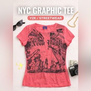 New York Graphic City Skyline Tee - Pink Women’s Short Sleeve Y2K Top